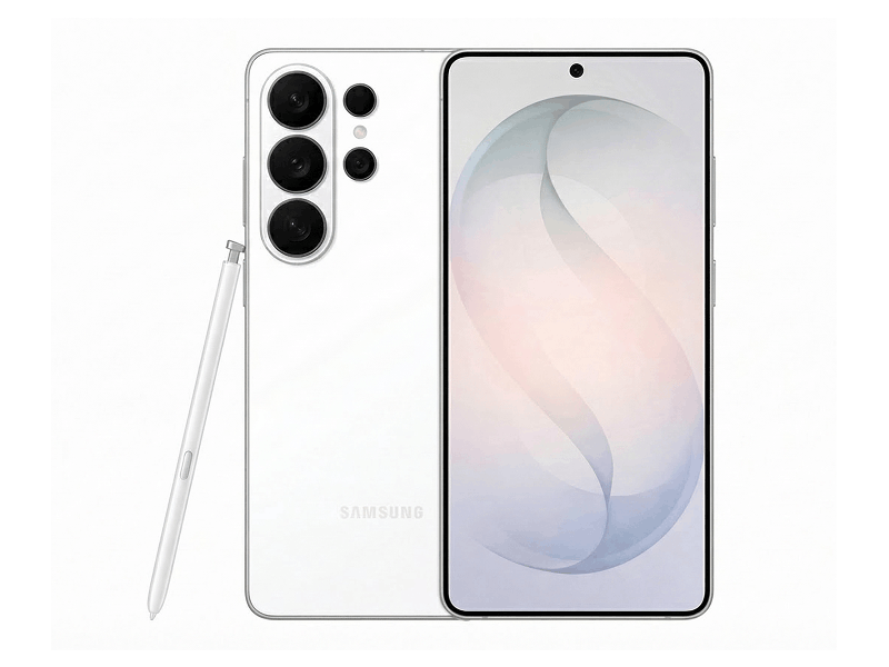 Samsung Galaxy S26 Ultra в белом цвете, вид спереди и сзади